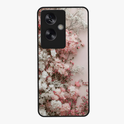 Blush Blossom Cloud Glass Case showing flat back view with dreamy blush cloud blossom artwork and glossy glass finish.