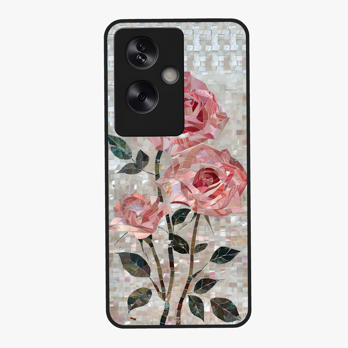 Blush Mosaic Bloom Glass Case showing flat back view with mosaic floral bloom artwork and glossy glass finish.