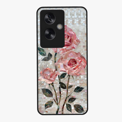 Blush Mosaic Bloom Glass Case showing flat back view with mosaic floral bloom artwork and glossy glass finish.