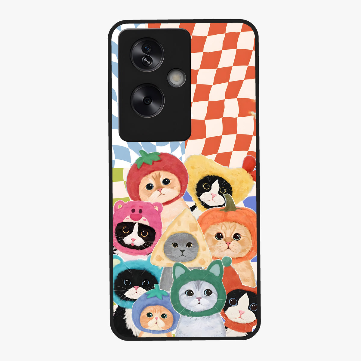 Cats in Fruits Glass Case showing flat back view with playful cat illustrations inside fruit artwork and glossy glass finish.