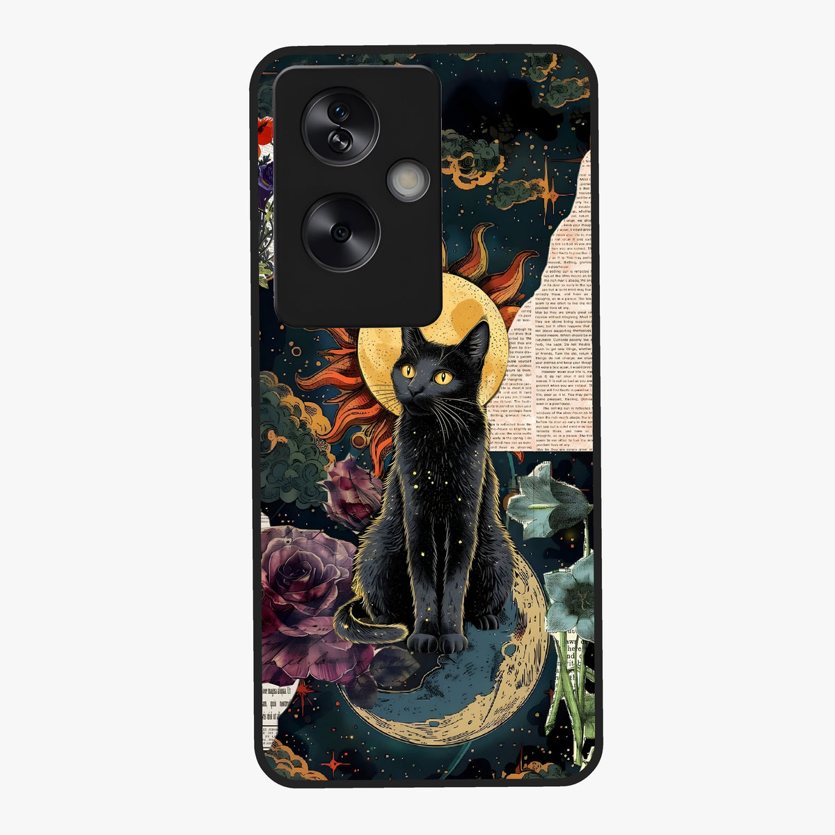 Celestial Black Cat Glass Case showing flat back view with mystical black cat artwork and glossy glass finish.