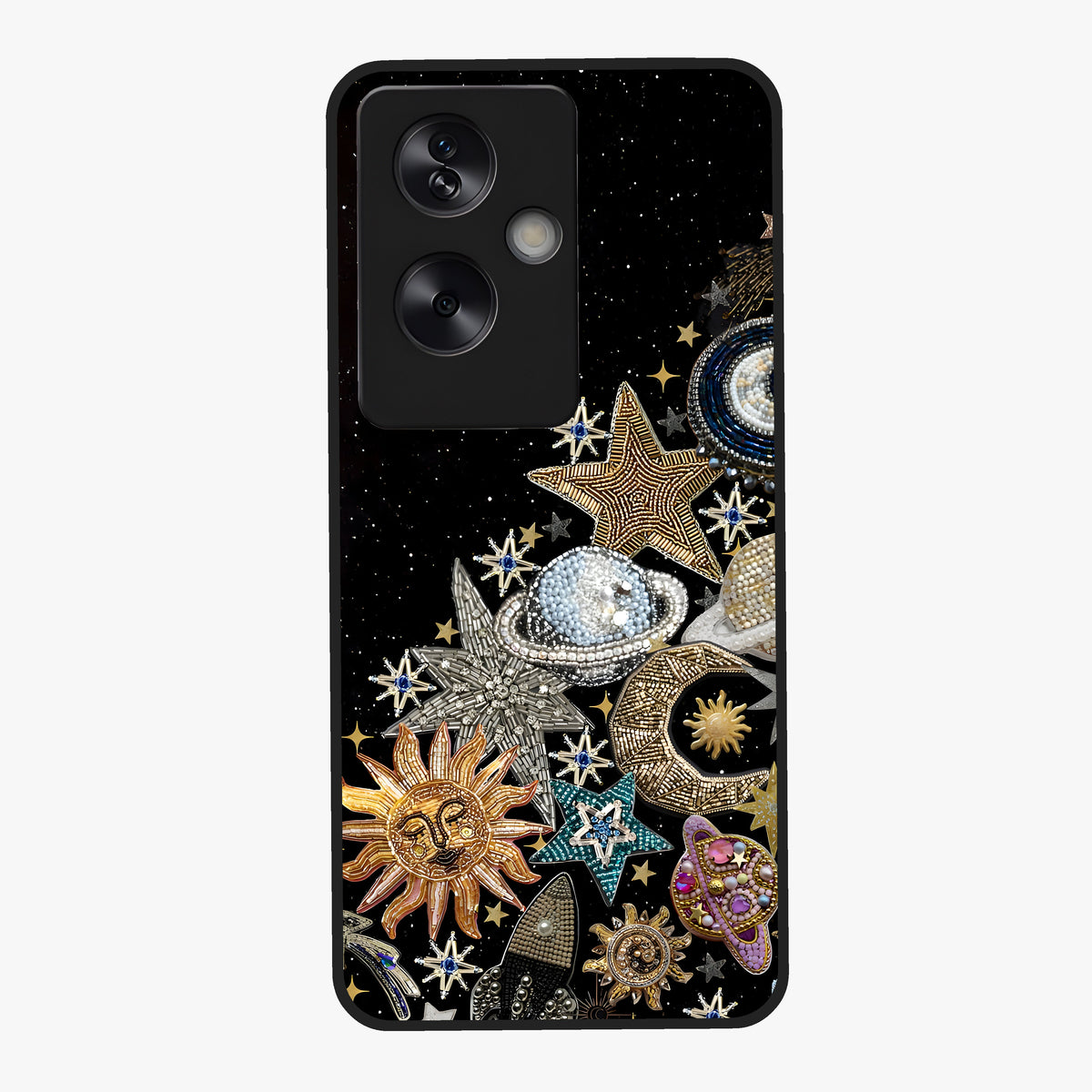 Cosmic Sparkle Dreams Glass Case showing flat back view with sparkling cosmic artwork and glossy glass finish.