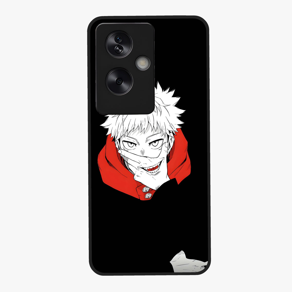 Crimson Chaos Smile Glass Case showing flat back view with bold chaotic smile artwork and glossy glass finish.