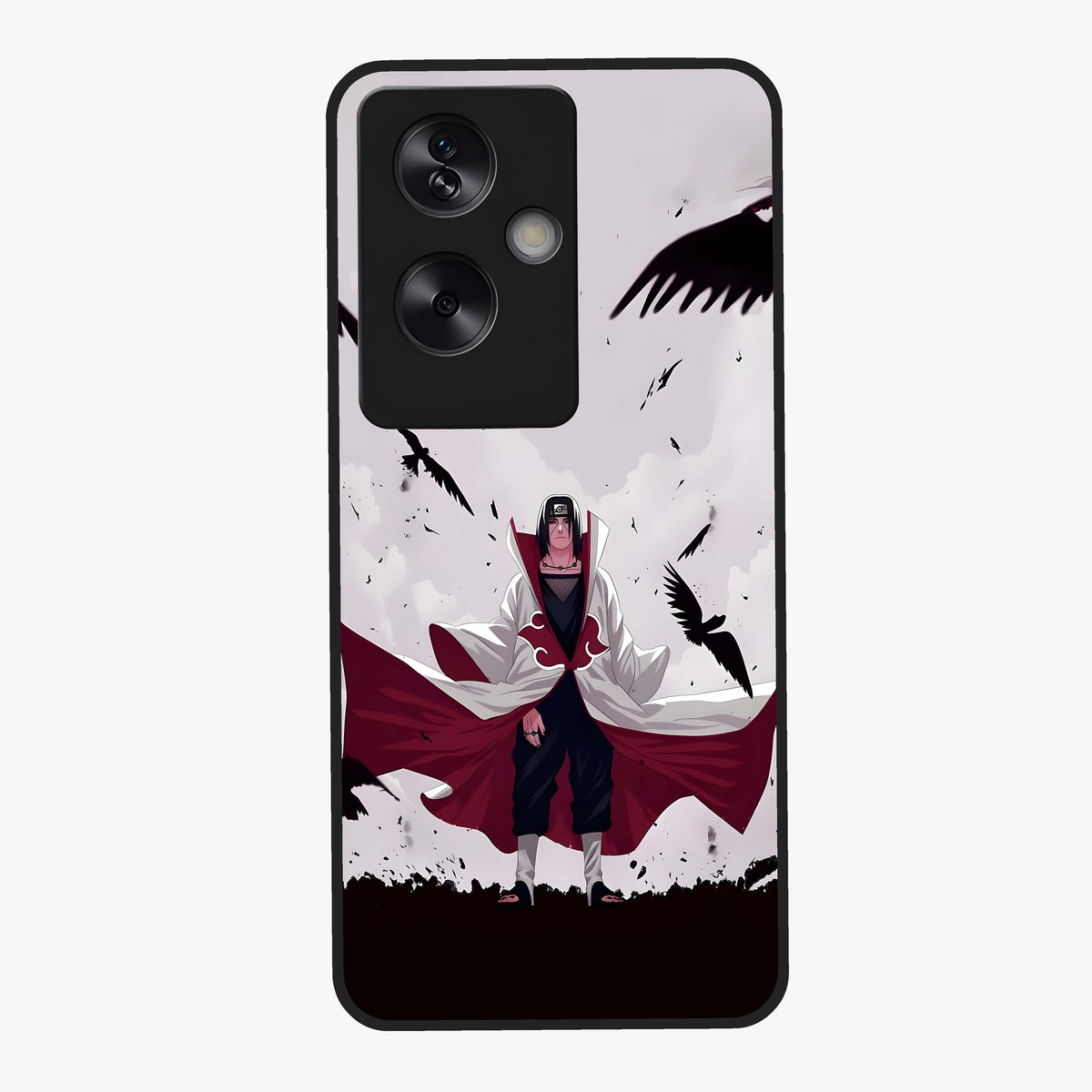 Crimson Crow Ascension Glass Case showing flat back view with mystical crow artwork and glossy glass finish.