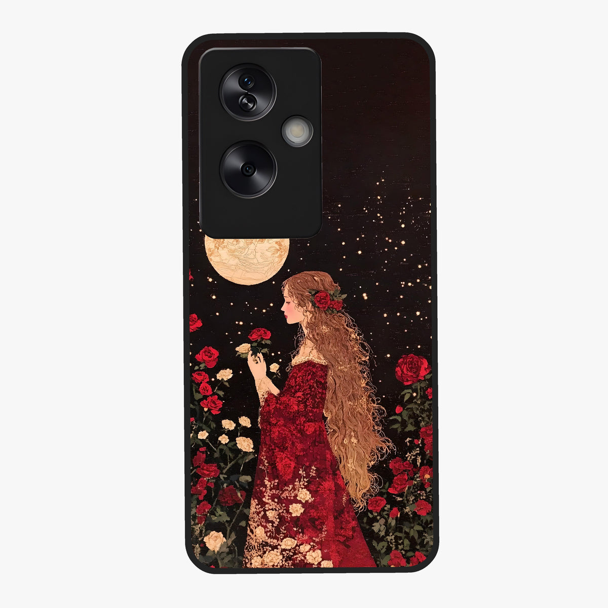 Crimson Dreams Glass Case showing flat back view with dreamy crimson artwork and glossy glass finish.