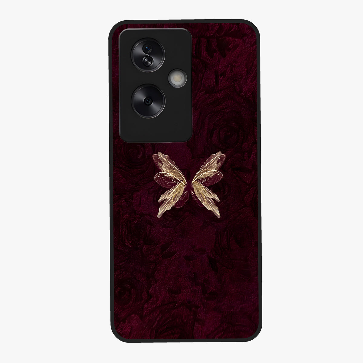 Crimson Fade Butterfly Glass Case showing flat back view with fading butterfly artwork and glossy glass finish.
