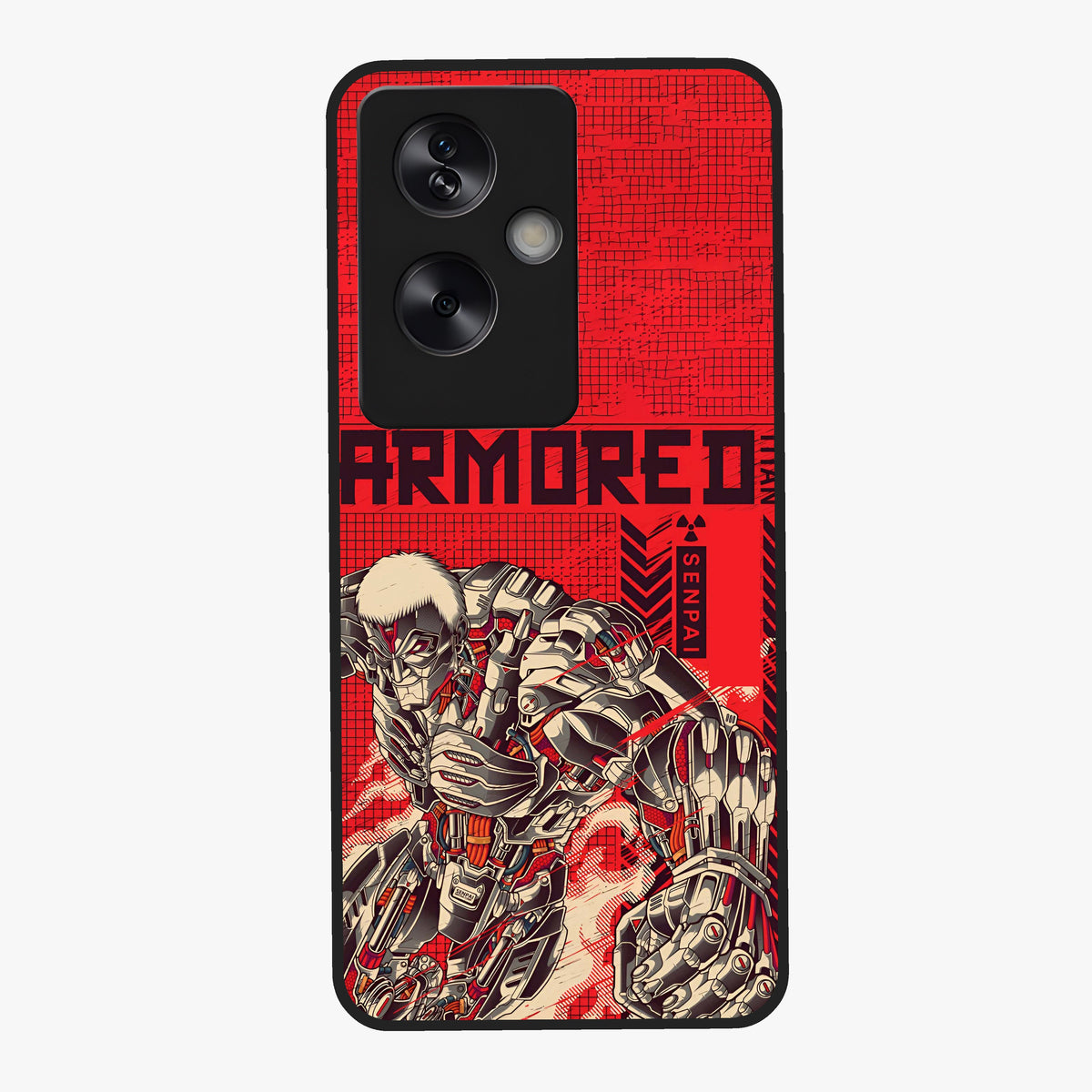 Crimson Mecha Titan Glass Case showing flat back view with powerful mech titan artwork and glossy glass finish.