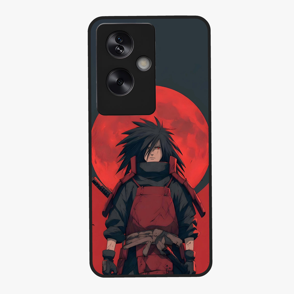 Crimson Moon Warlord Glass Case showing flat back view with mystical moon warrior artwork and glossy glass finish.