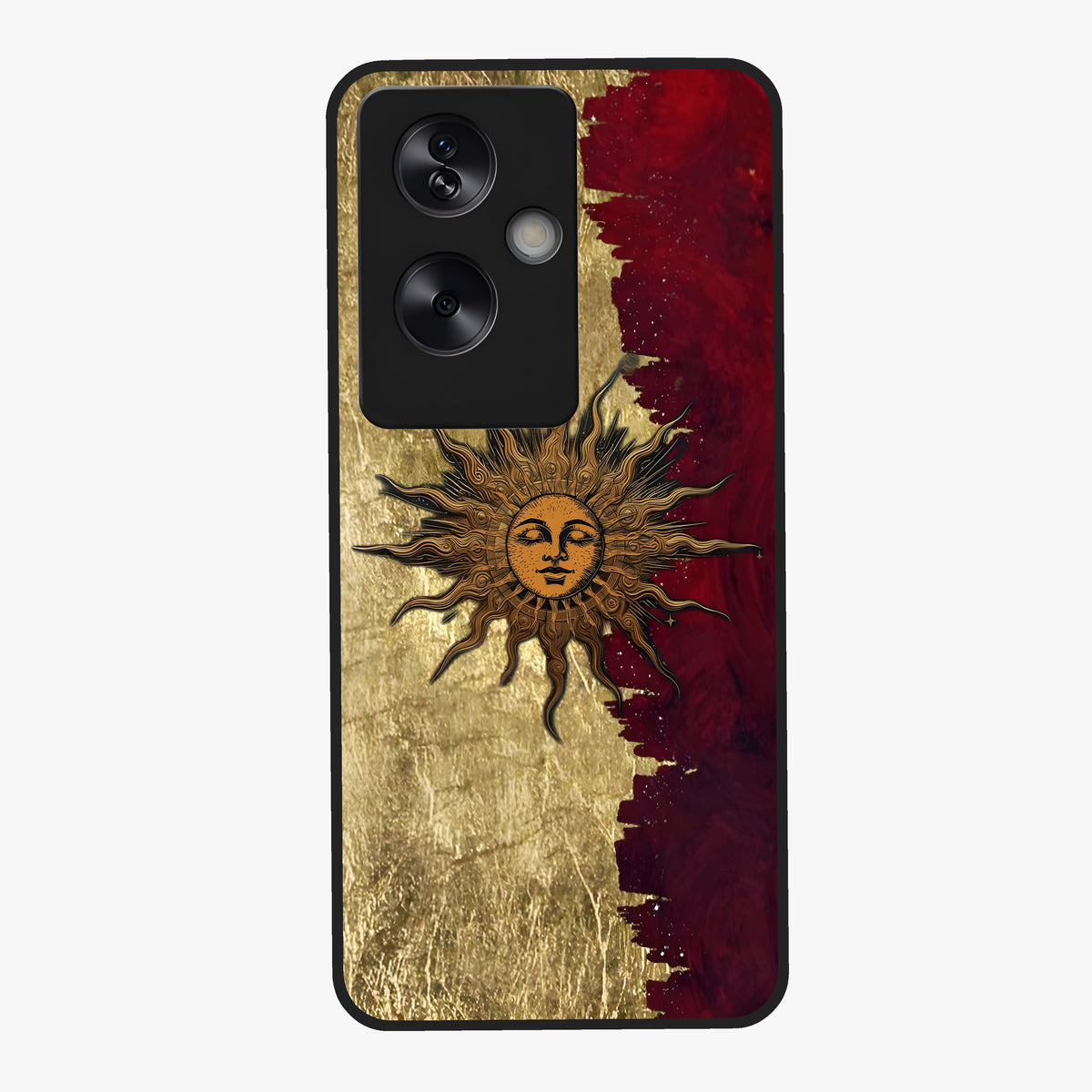 Crimson Sun Majesty Glass Case showing flat back view with radiant sun inspired artwork and glossy glass finish.