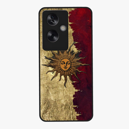 Crimson Sun Majesty Glass Case showing flat back view with radiant sun inspired artwork and glossy glass finish.