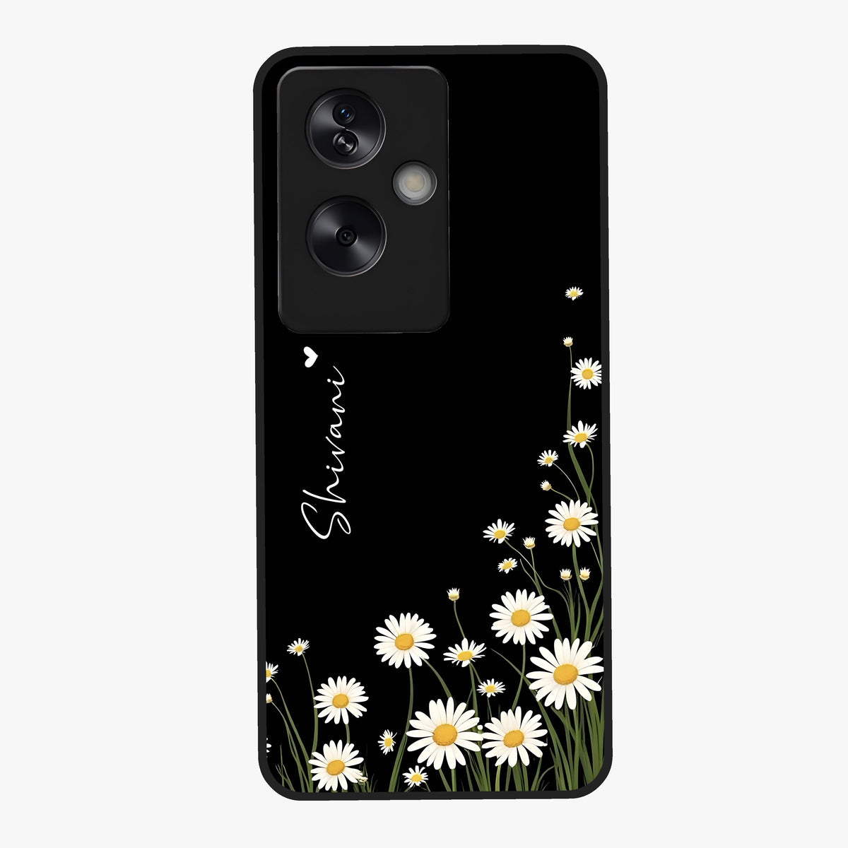 Daisy Cascade Custom Name Glass Case showing flat back view with cascading daisy flowers and personalized name design.