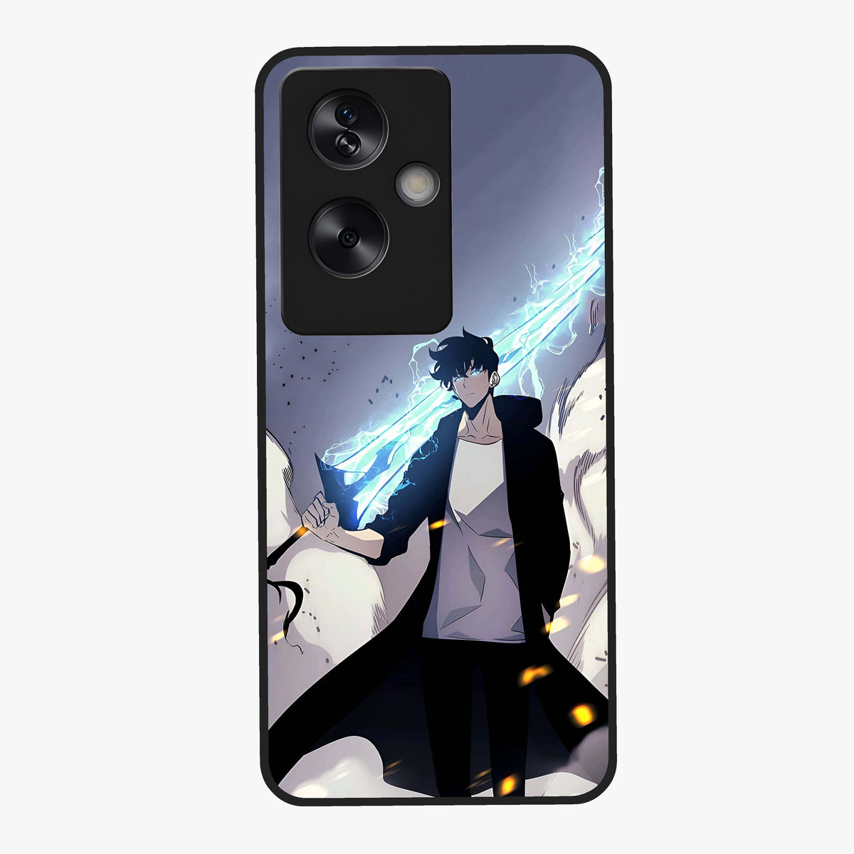 Dark Lightning Anime Warrior Glass Case showing flat back view with intense anime warrior artwork and glossy glass finish.