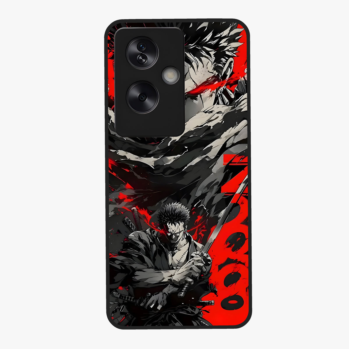 Demon Sword Resolve Glass Case showing flat back view with fierce sword warrior artwork and glossy glass finish.