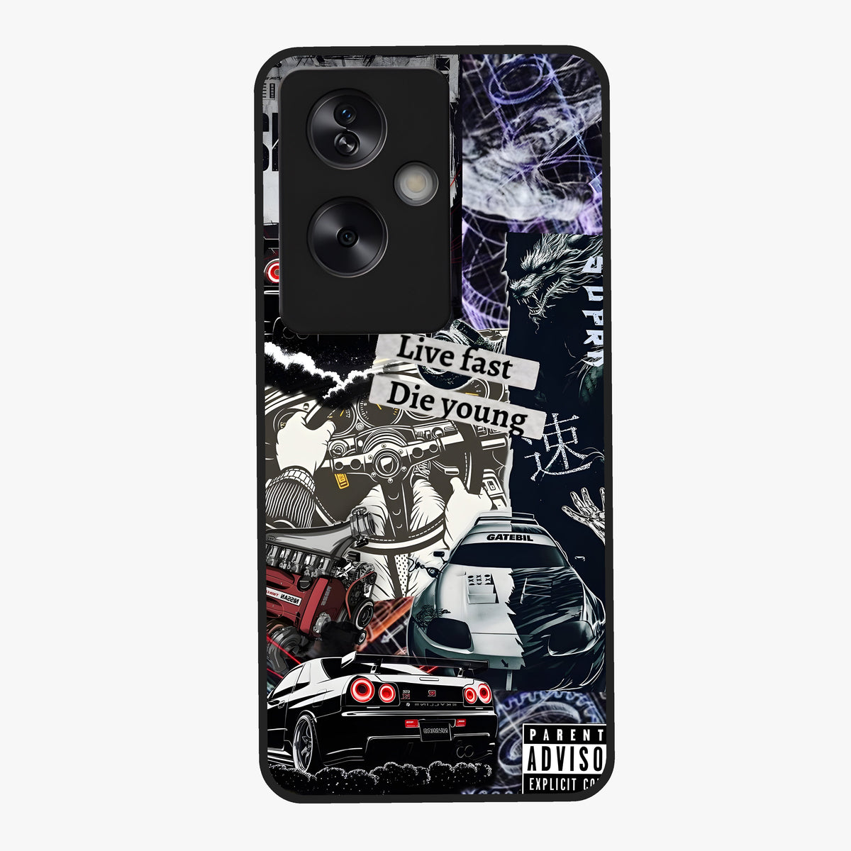 Die Young Glass Case showing flat back view with bold artistic typography design and glossy glass finish.