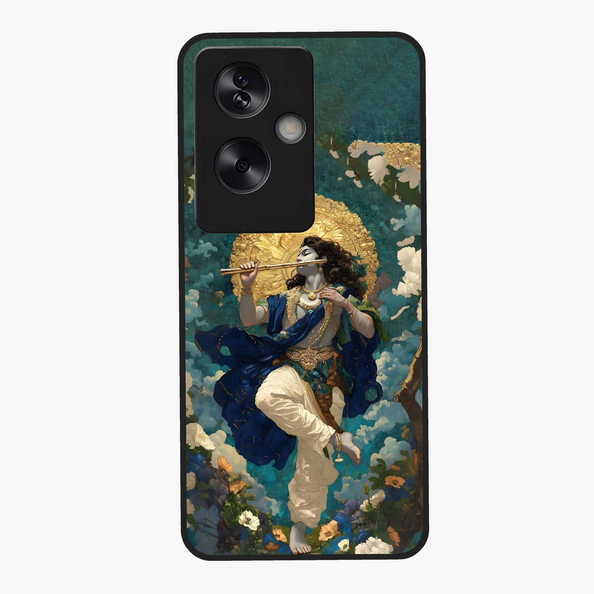 Divine Krishna Art Glass Case showing flat back view with Lord Krishna artwork and glossy glass finish.