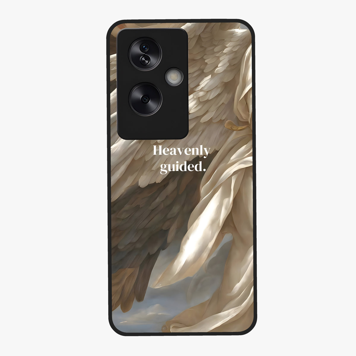 Divine Winged Grace Glass Case showing flat back view with elegant wing inspired artwork and glossy glass finish.