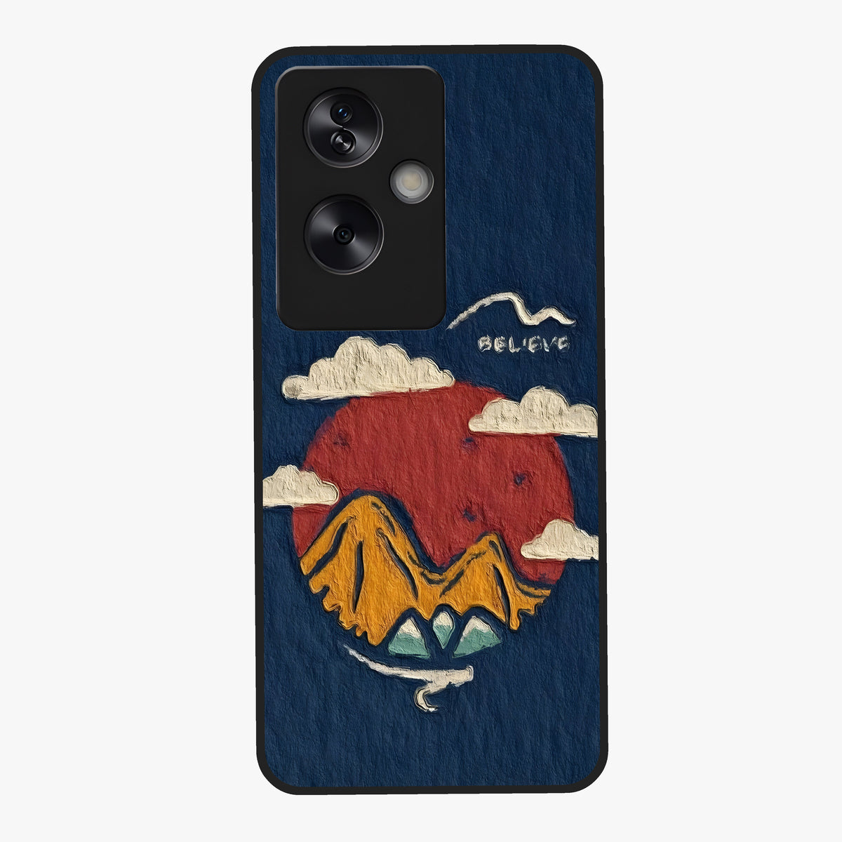 Dream Beyond Mountains Glass Case showing flat back view with scenic mountain landscape artwork and glossy glass finish.