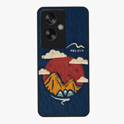 Dream Beyond Mountains Glass Case showing flat back view with scenic mountain landscape artwork and glossy glass finish.