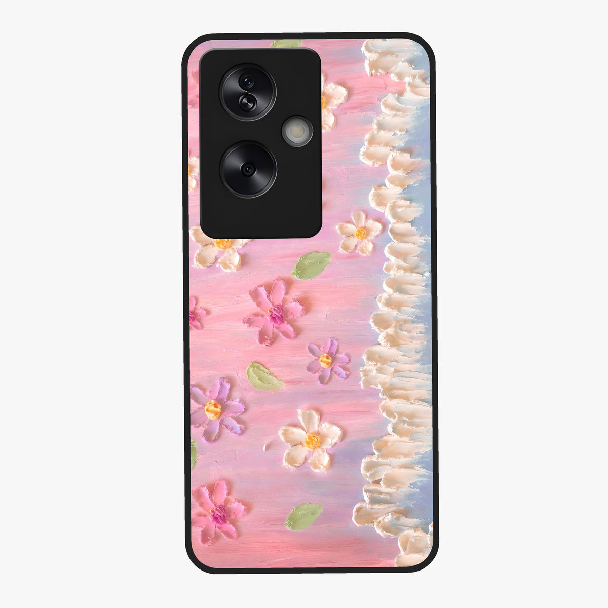 Dreamy Painted Garden Glass Case showing flat back view with artistic painted floral garden artwork and glossy glass finish.