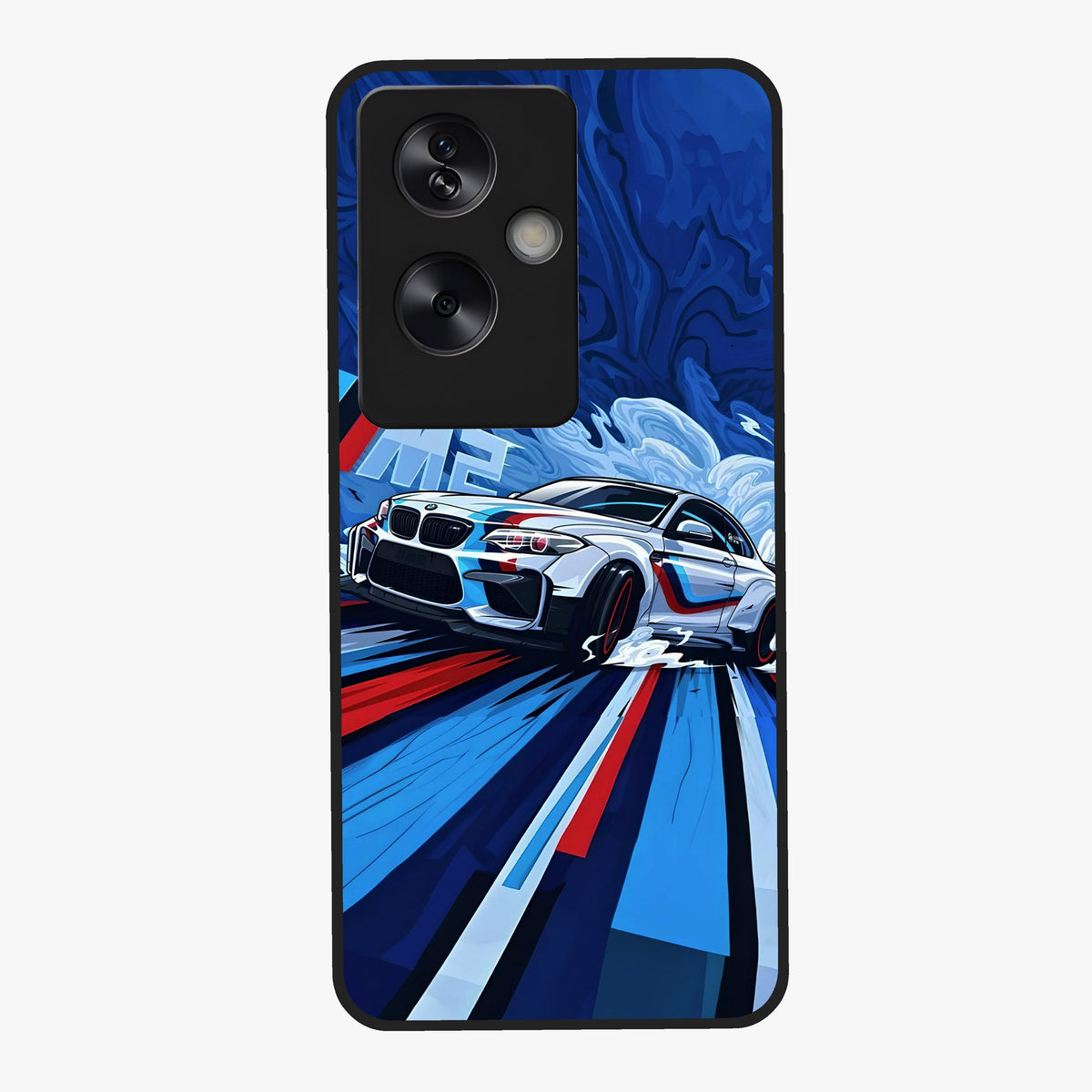 Drift Power Rush Glass Case showing flat back view with dynamic racing inspired artwork and glossy glass finish.