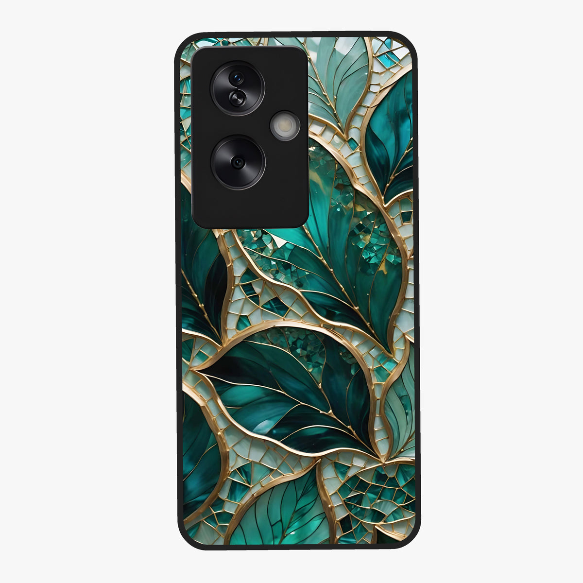 Emerald Leaf Glass Glass Case showing flat back view with emerald green leaf artwork and glossy glass finish.