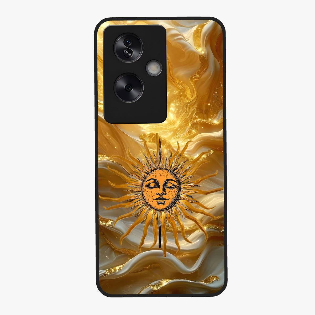 Eternal Golden Glow Glass Case showing flat back view with radiant golden themed artwork and glossy glass finish.