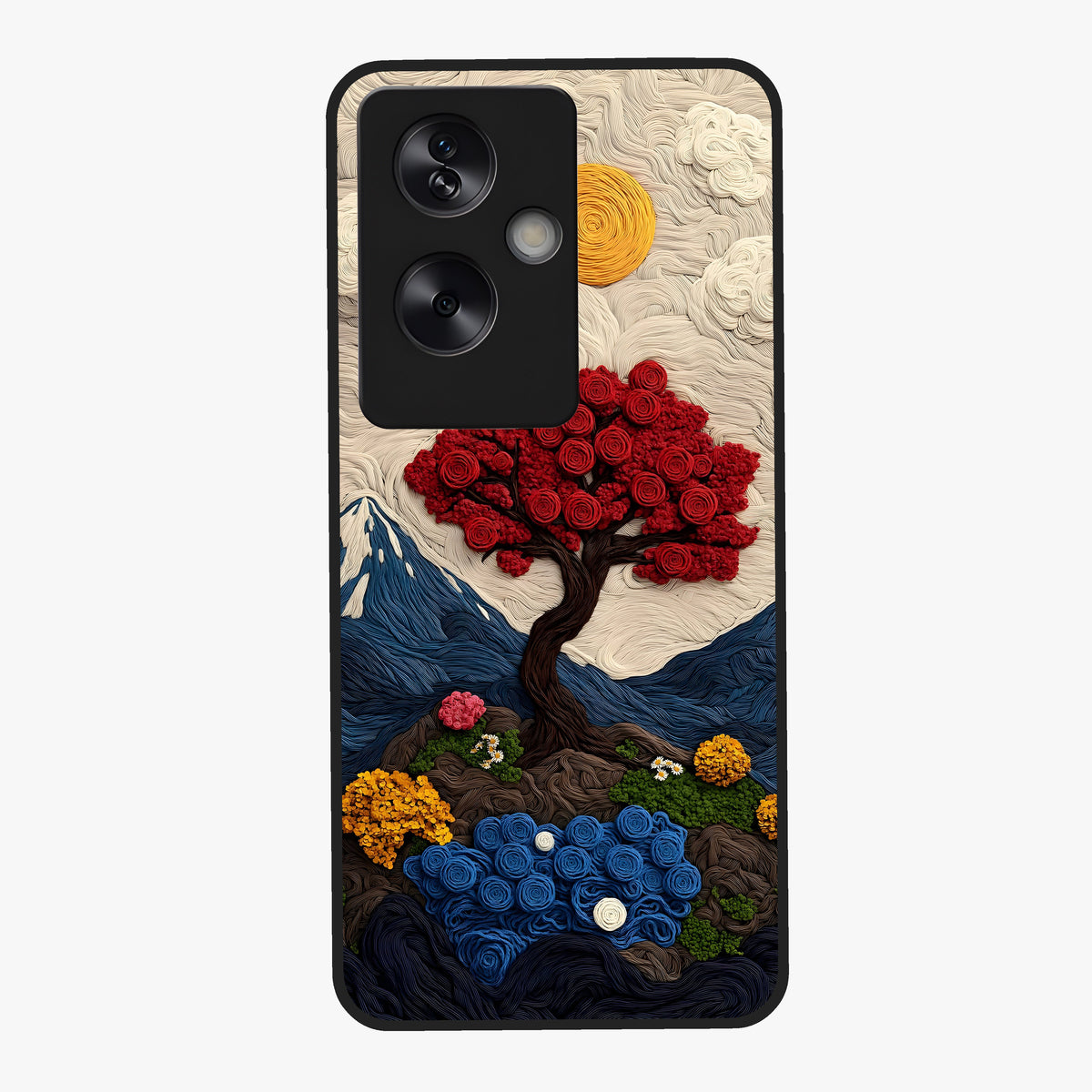 Eternal Nature Tapestry Glass Case showing flat back view with intricate nature tapestry artwork and glossy glass finish.