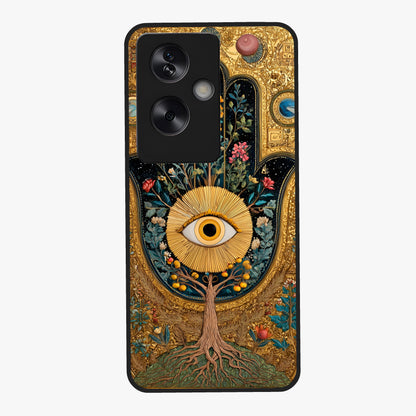 Ethereal Evil Eye Glass Case showing flat back view with mystical evil eye artwork and glossy glass finish.