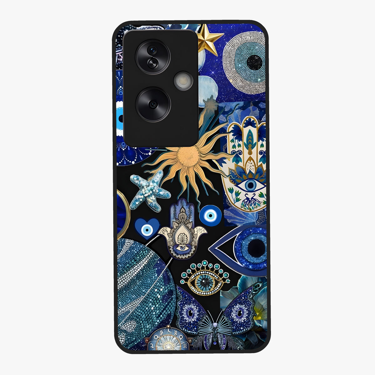 Evil Eye Charm Mix Glass Case showing flat back view with multiple evil eye charms artwork and glossy glass finish.