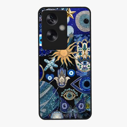 Evil Eye Charm Mix Glass Case showing flat back view with multiple evil eye charms artwork and glossy glass finish.