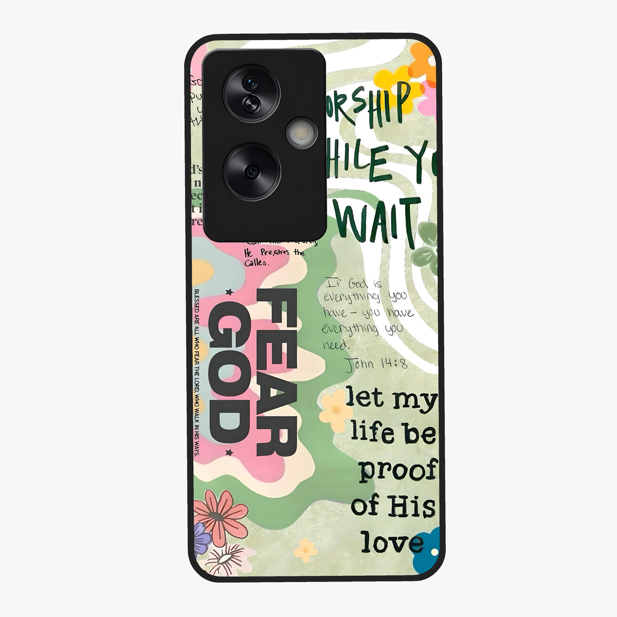 Faith Over Fear Glass Case showing flat back view with motivational typography artwork and glossy glass finish.