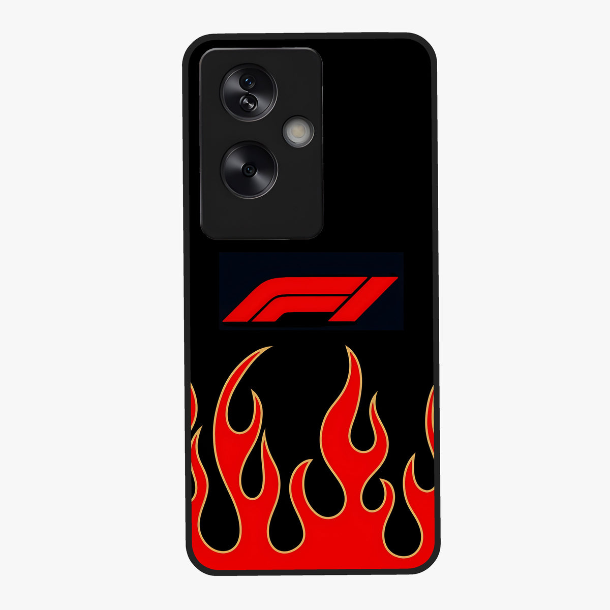 Fire F11 Glass Case showing flat back view with fiery themed artwork and glossy glass finish.