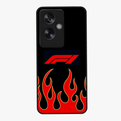 Fire F11 Glass Case showing flat back view with fiery themed artwork and glossy glass finish.