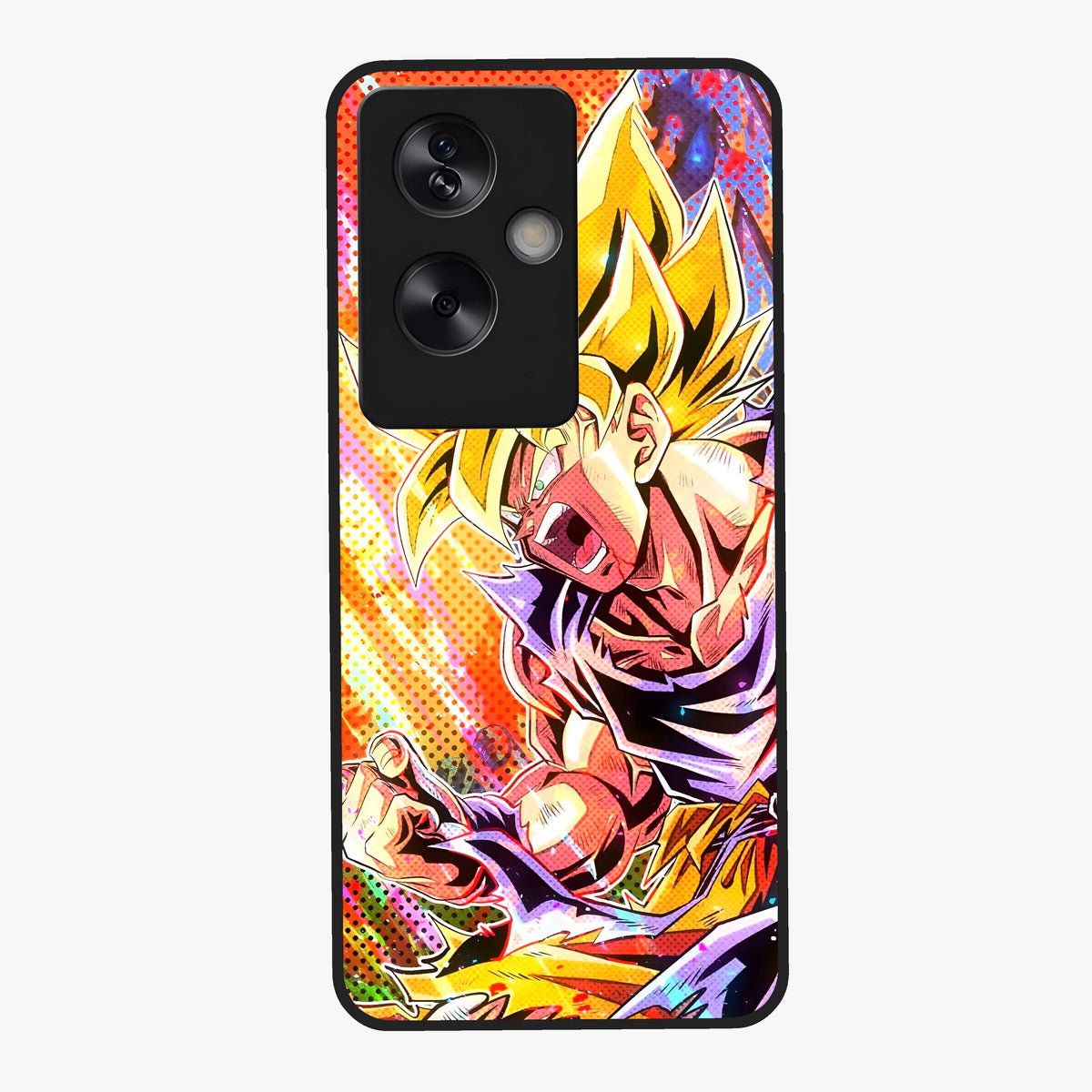 Firing Goku Glass Case showing flat back view with powerful anime inspired artwork and glossy glass finish.