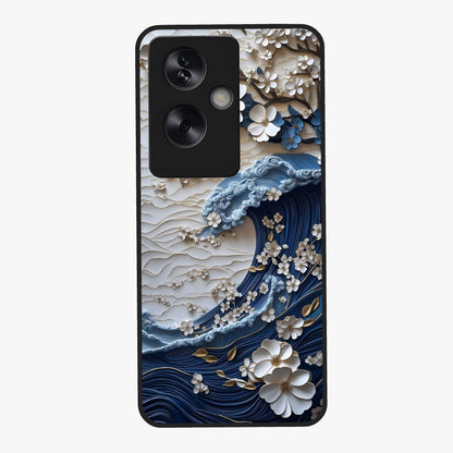Floral Wave Origami Glass Case showing flat back view with origami inspired floral wave artwork and glossy glass finish.