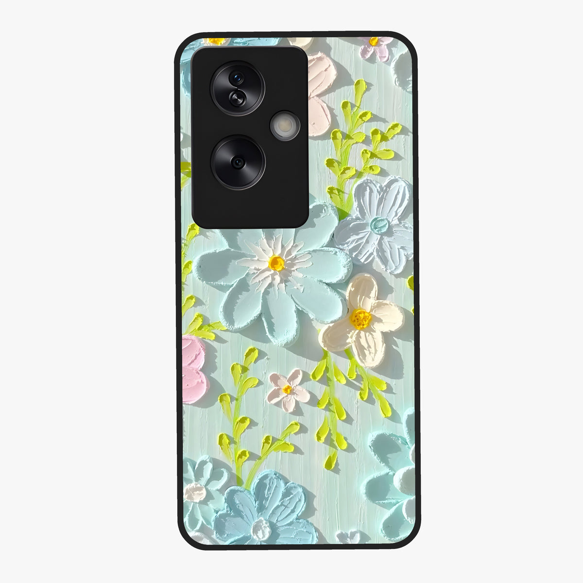 Frosted Petal Garden Glass Case showing flat back view with soft frosted floral artwork and glossy glass finish.