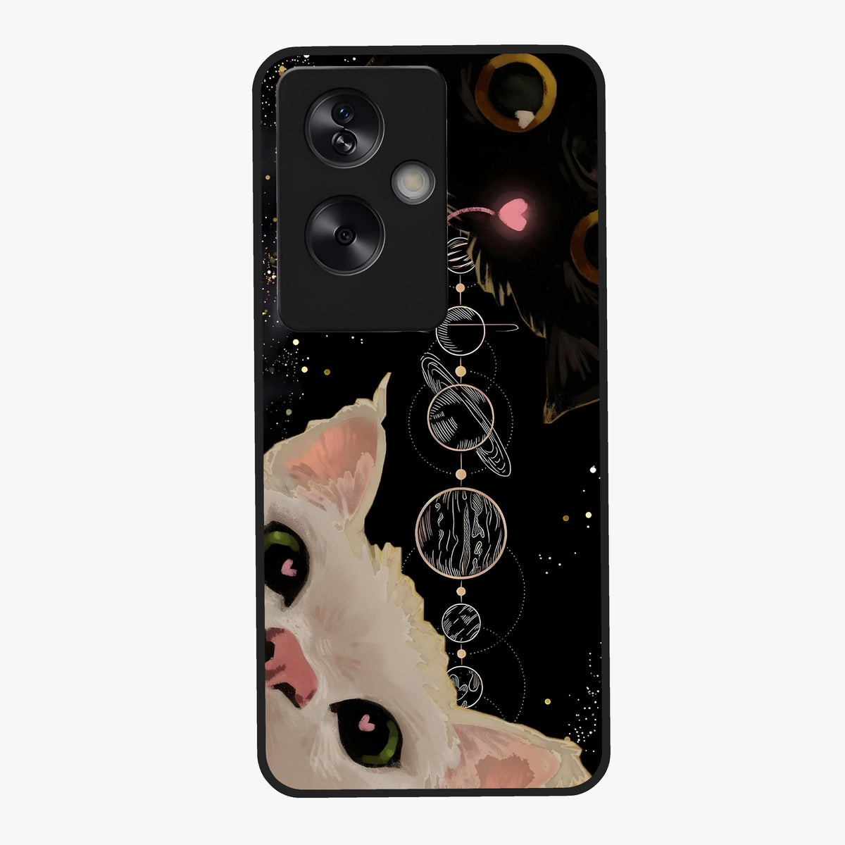 Galactic Cat Glass Case showing flat back view with cosmic cat artwork and glossy glass finish.