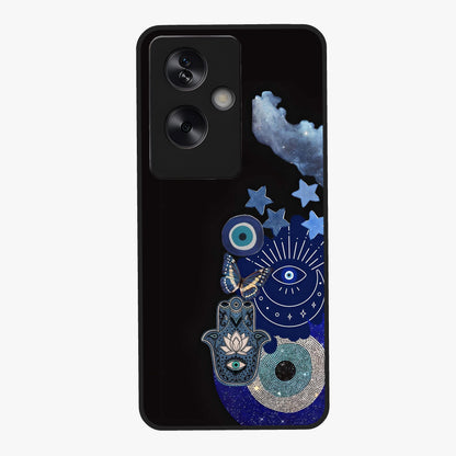 Galactic Charm Cluster Glass Case showing flat back view with glowing celestial charm artwork and glossy glass finish.