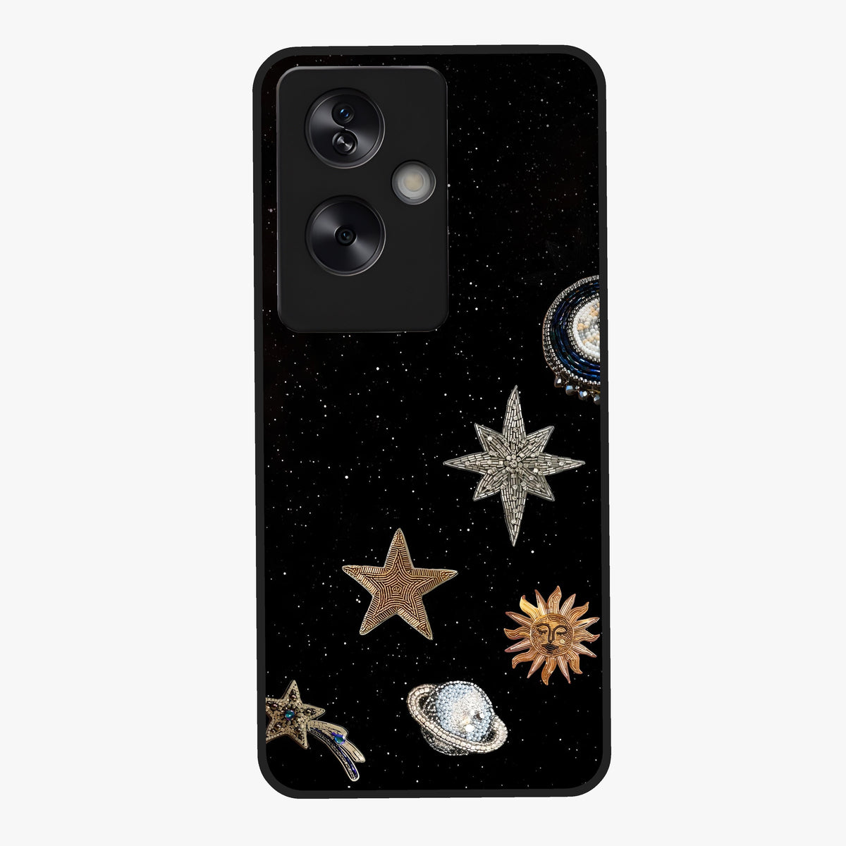 Galactic Charm Glow Glass Case showing flat back view with glowing celestial charm artwork and glossy glass finish.