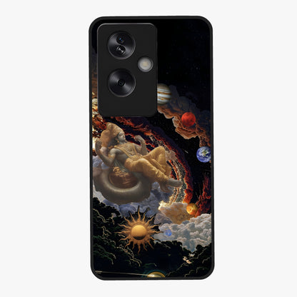 Galactic Divine God Glass Case showing flat back view with divine cosmic themed artwork and glossy glass finish.