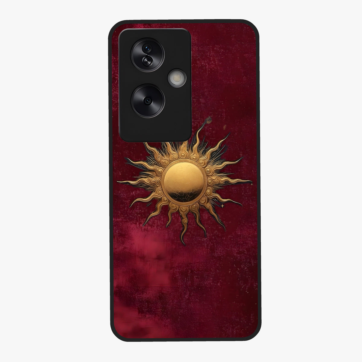 Gold Sun Blush Glass Case showing flat back view with golden sun inspired artwork and glossy glass finish.