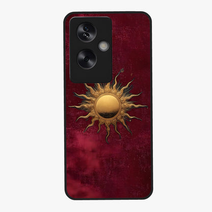 Gold Sun Blush Glass Case showing flat back view with golden sun inspired artwork and glossy glass finish.