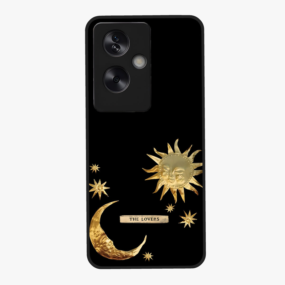 Golden Celestial Charm Glass Case showing flat back view with golden celestial charm artwork and glossy glass finish.