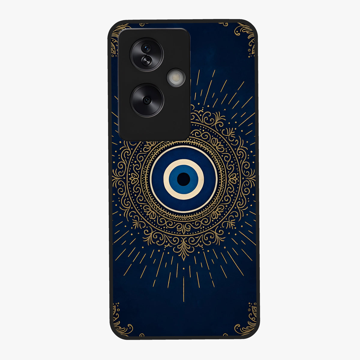 Golden Evil Eye Mandala Glass Case showing flat back view with intricate evil eye mandala artwork and glossy glass finish.