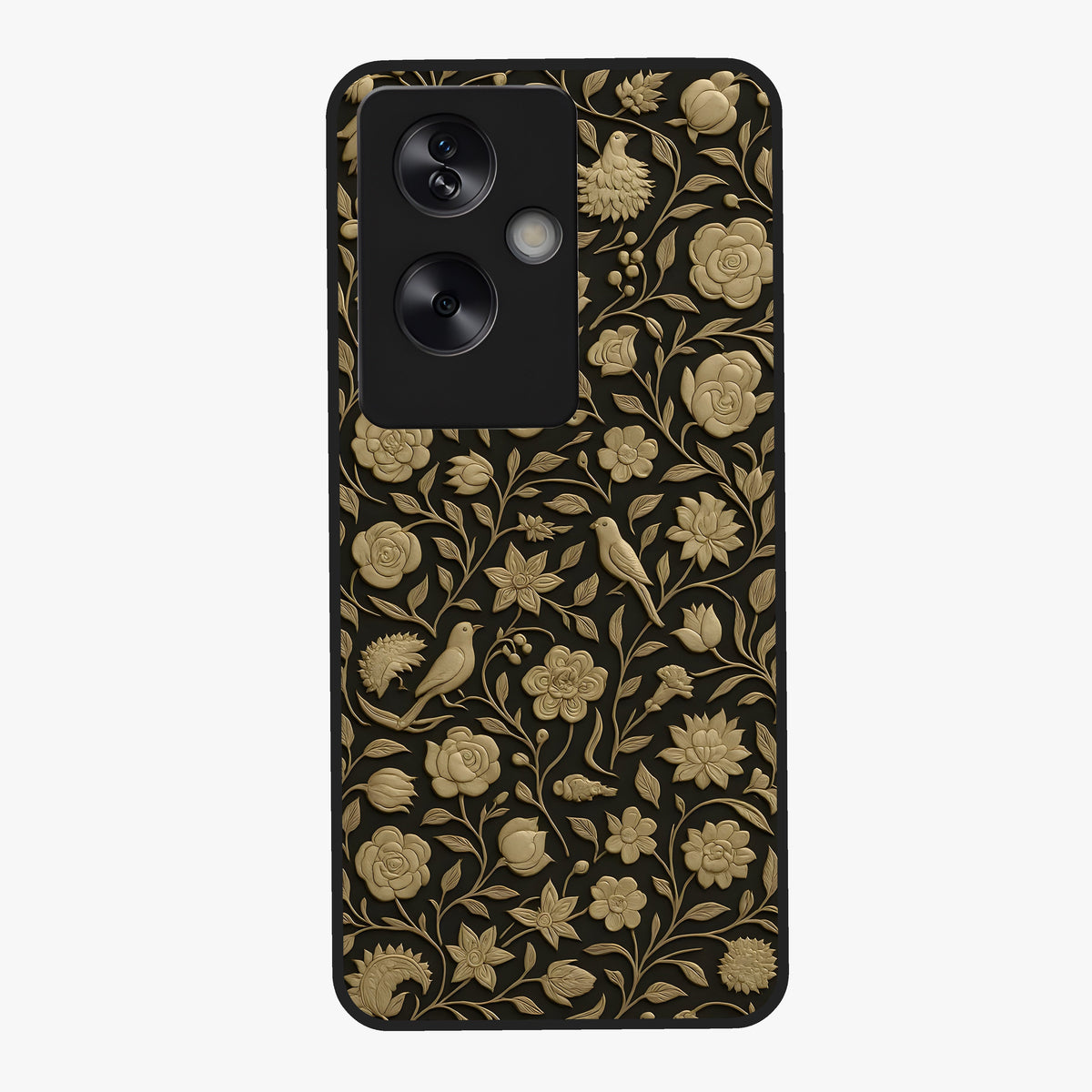 Golden Floral Majesty Glass Case showing flat back view with luxurious golden floral artwork and glossy glass finish.