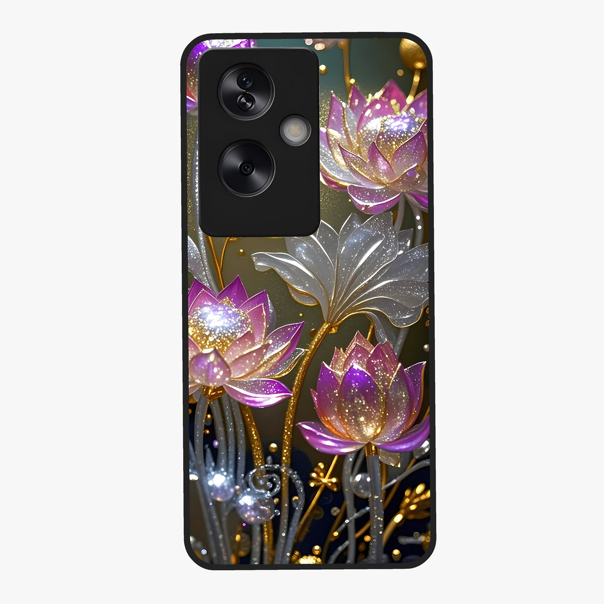 Golden Lotus Glow Glass Case showing flat back view with glowing lotus flower artwork and glossy glass finish.