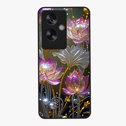 Golden Lotus Glow Glass Case showing flat back view with glowing lotus flower artwork and glossy glass finish.
