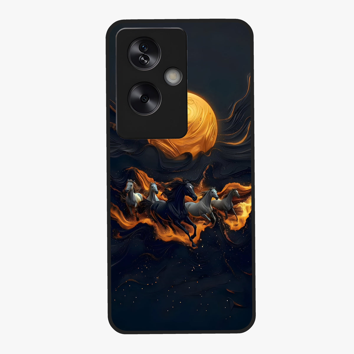 Golden Stallion Moonride Glass Case showing flat back view with majestic horse under moonlight artwork and glossy glass finish.