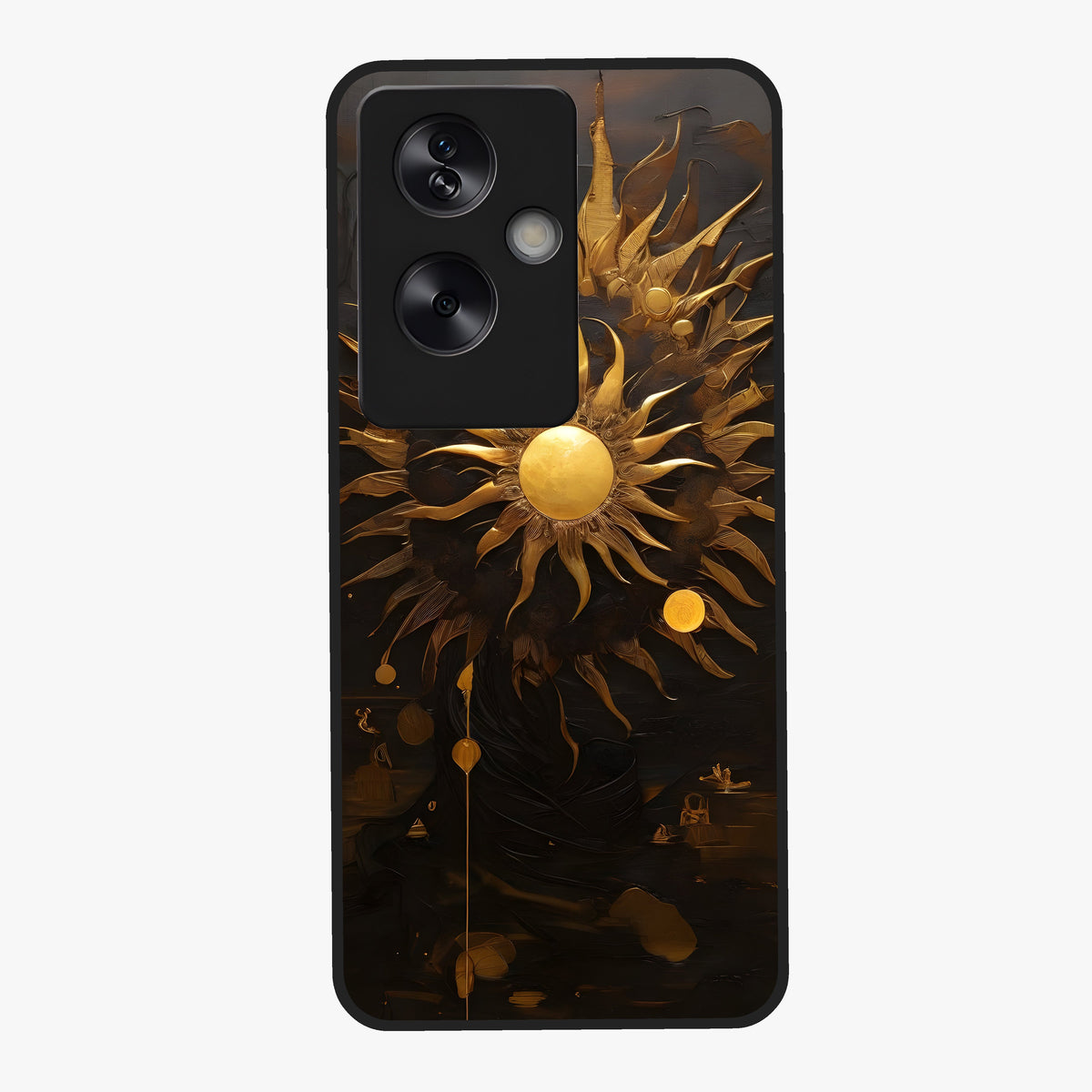 Golden Sun Majesty Glass Case showing flat back view with radiant golden sun artwork and glossy glass finish.