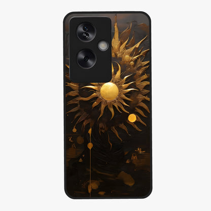 Golden Sun Majesty Glass Case showing flat back view with radiant golden sun artwork and glossy glass finish.